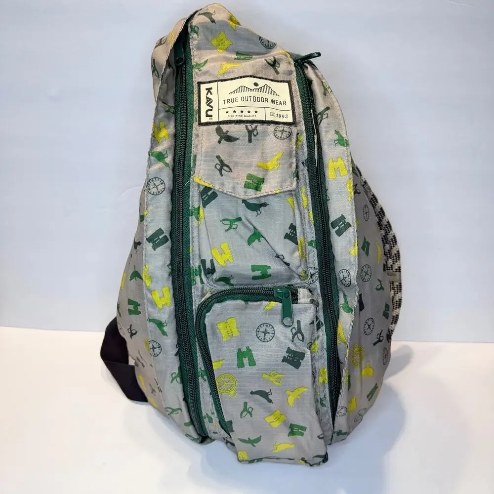 KAVU Rope Sling Crossbody Backpack Gray Bird Compass Outdoors Print